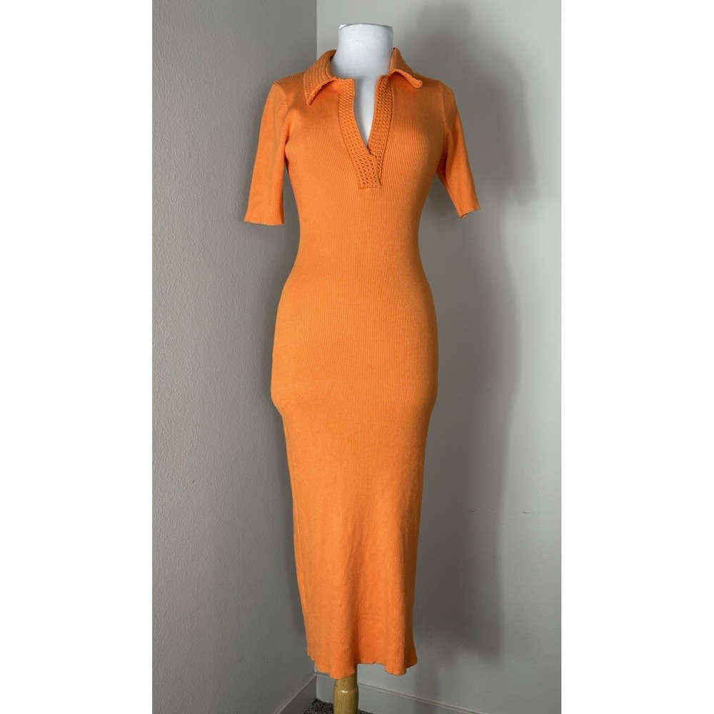 Caroline Constas Bright Orange Knit Collared Midi Dress